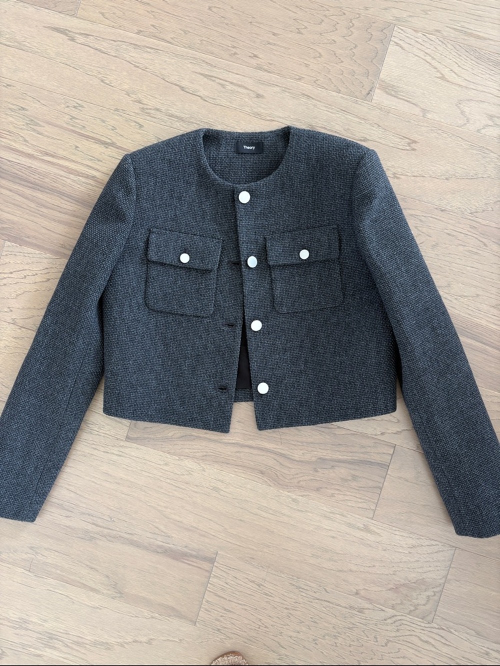 Theory Charcoal Tweed Cropped Jacket with Pearl Buttons Brand New